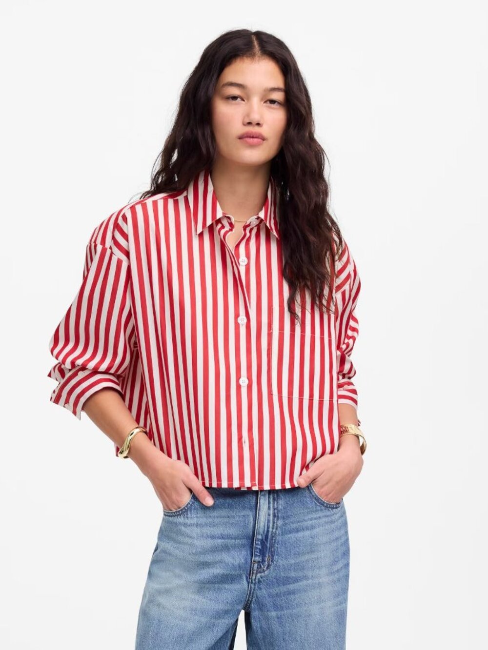 Madewell Straight Hem Boxy Shirt Relax-Fit Long Sleeve Cotton Red White Stripe